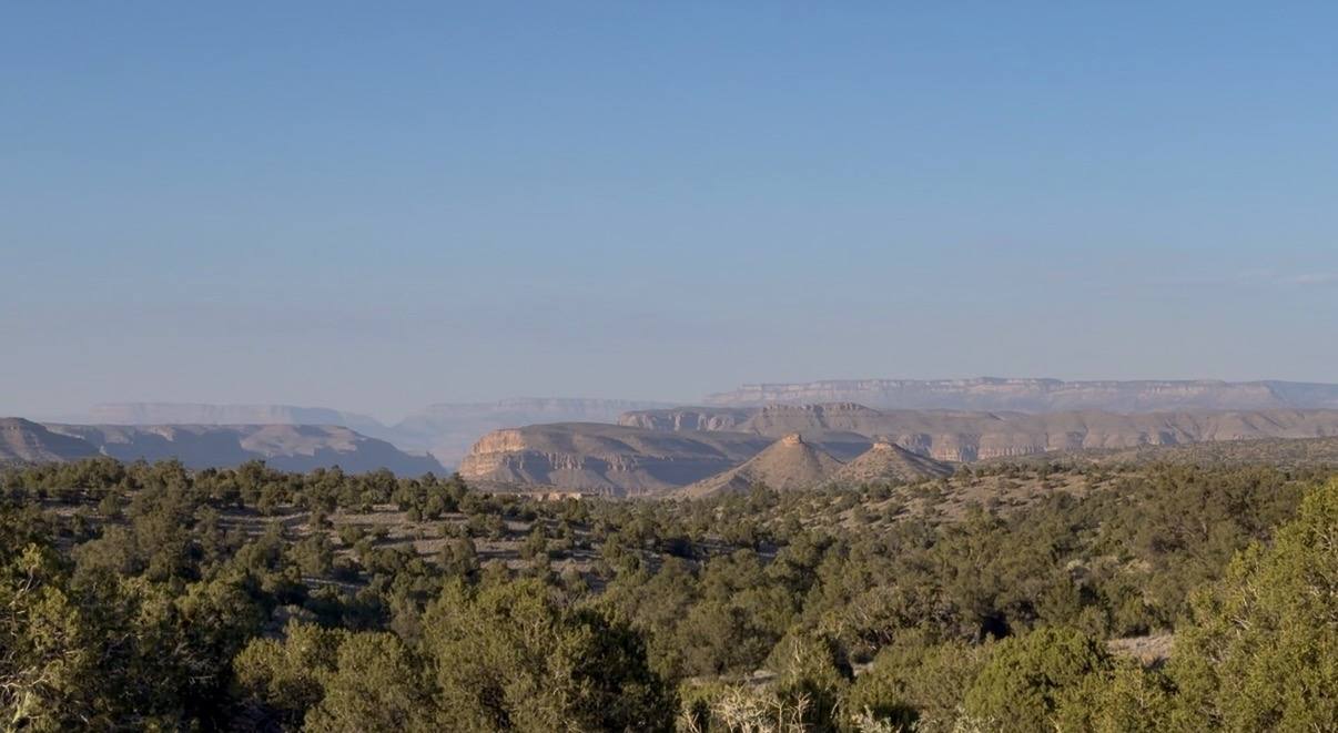 High desert plateau of the Hualapai Reservation with juniper trees and canyon walls in the distance